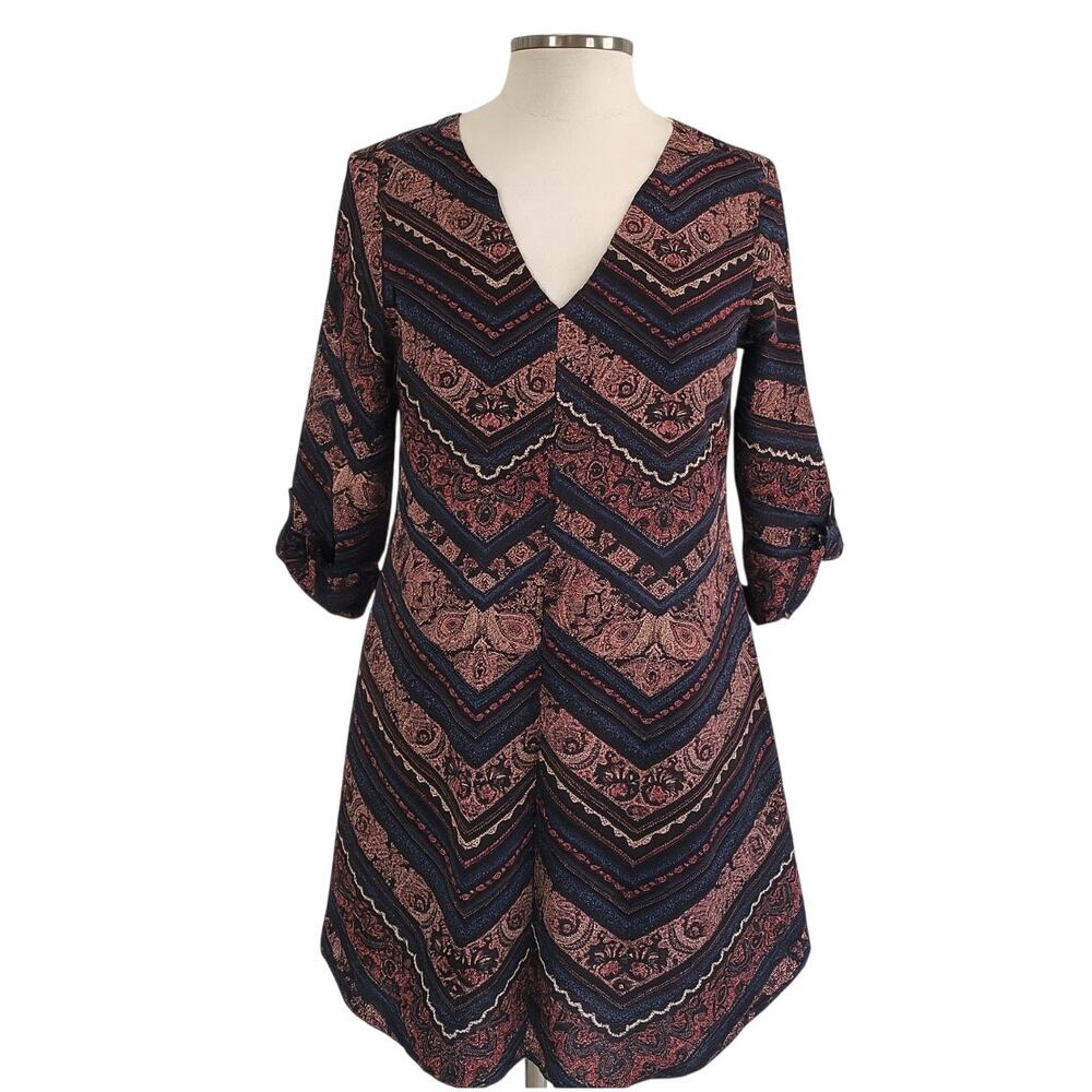 Lush Pink & Blue Aztec Paisley Boho Mini Dress Size M Long Sleeve Chevron